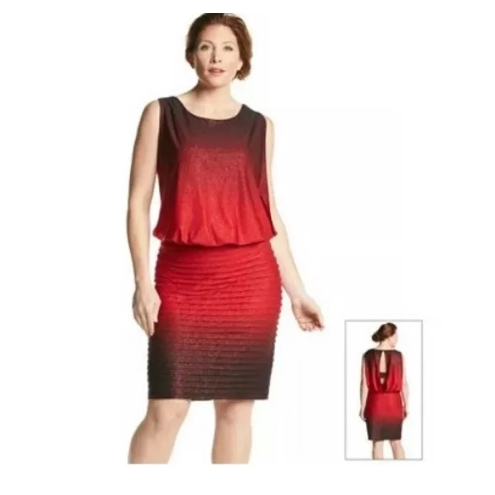R&M Richards 8 Red Ombre Glitter Sleeveless Pleated Holiday Party Cocktail Dress